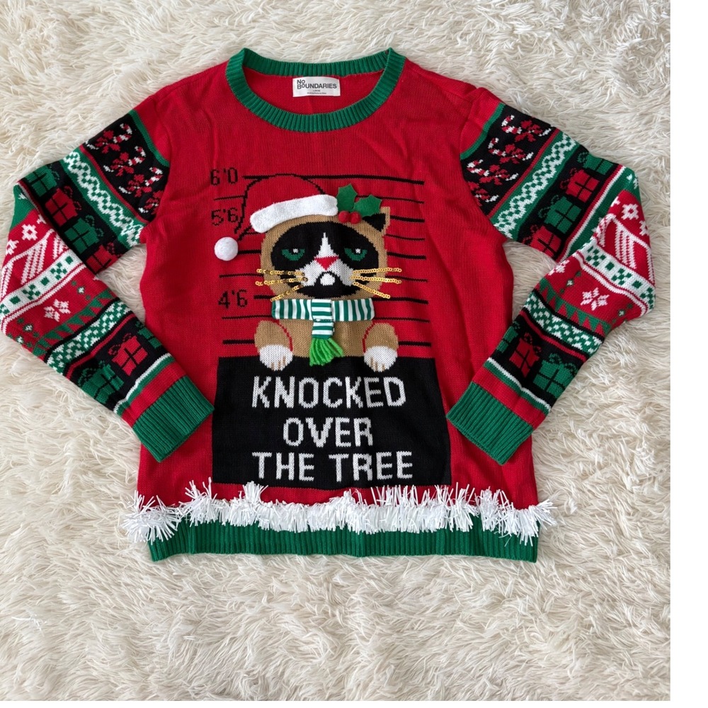 No Boundaries Christmas Sweater Grumpy Cat‎ Knocked Over Tree Holiday L